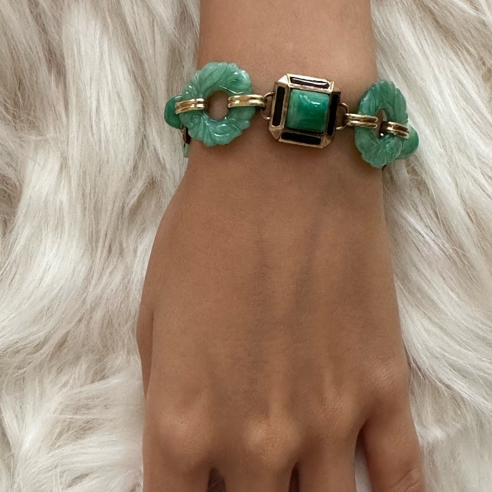 Carved Green Stone Link Bracelet with Gold Accents - Picture 3 of 9